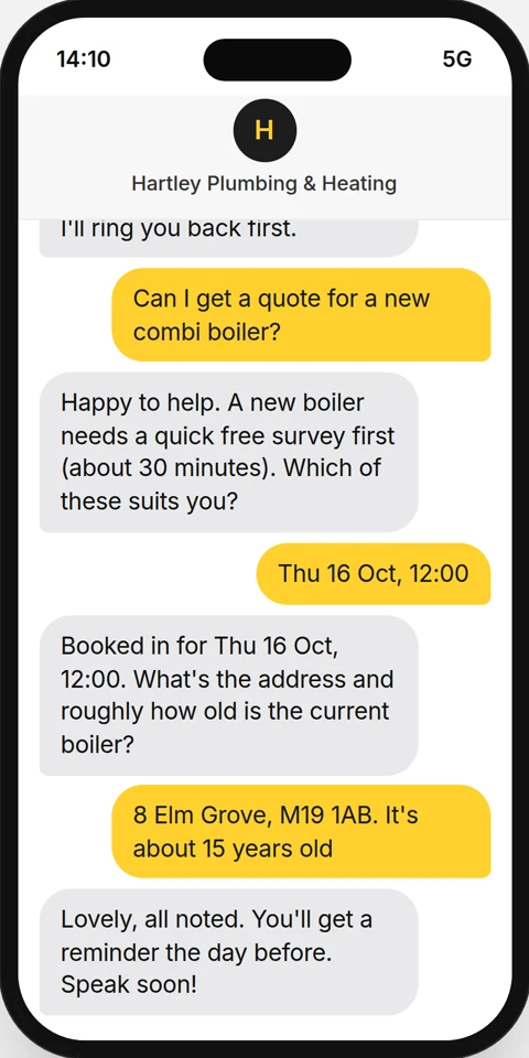 A customer's phone: a missed call gets an instant text back, and the conversation ends with a booked survey.